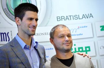 Serbian tennis player Novak Djokovic posing with his coach Marian Vajda during a press conference in Bratislava.