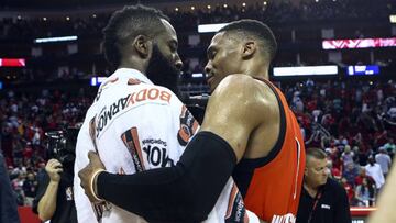 Mar 26, 2017; Houston, TX, USA; Houston Rockets guard James Harden (13) and Oklahoma City Thunder guard Russell Westbrook (0) shake hands after a game at Toyota Center. Mandatory Credit: Troy Taormina-USA TODAY Sports