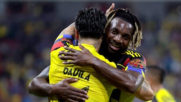 America's Chilean forward #11 Victor Davila celebrates with teammate French forward #97 Allan Saint-Maximin after scoring his team's fourth goal during the Liga MX Apertura football match between Atlas and America at the Jalisco Stadium in Guadalajara, Jalisco state, Mexico on August 24, 2025. (Photo by Ulises Ruiz / AFP)