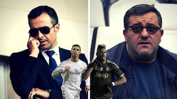 Mendes y Raiola (en grande) y Cristiano Ronaldo y Pogba (en pequeño).