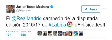 LaLiga president Javier Tebas: "Real Madrid are the winners of a hard-fought 2016/17 edition of LaLiga. Congratulations!!"
