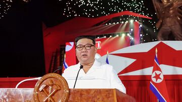 North Korea's leader Kim Jong Un speaks during a ceremony to mark the 69th anniversary of the Korean War armistice, in Pyongyang, North Korea, in this photo released July 27, 2022 by North Korea's Korean Central News Agency (KCNA). KCNA via REUTERS ATTENTION EDITORS - THIS IMAGE WAS PROVIDED BY A THIRD PARTY. REUTERS IS UNABLE TO INDEPENDENTLY VERIFY THIS IMAGE. NO THIRD PARTY SALES. SOUTH KOREA OUT. NO COMMERCIAL OR EDITORIAL SALES IN SOUTH KOREA.