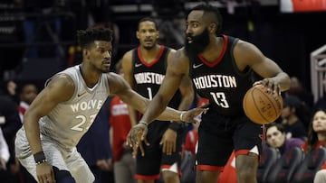 HOUSTON, TX - APRIL 18: James Harden #13 of the Houston Rockets looks to move on Jimmy Butler #23 of the Minnesota Timberwolves during Game Two of the first round of the Western Conference playoffs at Toyota Center on April 18, 2018 in Houston, Texas. NOTE TO USER: User expressly acknowledges and agrees that, by downloading and or using this photograph, User is consenting to the terms and conditions of the Getty Images License Agreement.   Bob Levey/Getty Images/AFP
 == FOR NEWSPAPERS, INTERNET, TELCOS &amp; TELEVISION USE ONLY ==