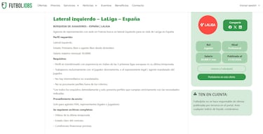 Una agencia busca lateral izquierdo para un club de la Liga en FutbolJobs