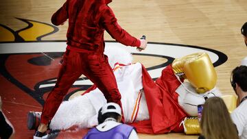 In a bizarre publicity stunt that went badly wrong, the Miami Heat’s mascot was rushed to A&E after being punched to the floor by the UFC champion.