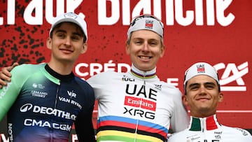 (From L) Second placed UCI WorldTeam Decathlon CMA CGM's French Paul Seixas, first placed UAE Team Emirates's Slovenian Tadej Pogacar and third placed Del UAE Team Emirates XRG's MexicanIsaac Del Toro Romero celebrate on the podium after competing in the 20th one-day classic 'Strade Bianche' (White Roads) men's cycling race between Siena and Siena in Tuscany on March 7, 2026. (Photo by Marco BERTORELLO / AFP)