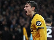Wolverhampton Wanderers' Spanish defender #03 Hugo Bueno reacts during the English Premier League football match between Wolverhampton Wanderers and Aston Villa at the Molineux stadium in Wolverhampton, central England on February 27, 2026. (Photo by Darren Staples / AFP) / RESTRICTED TO EDITORIAL USE. No use with unauthorized audio, video, data, fixture lists, club/league logos or 'live' services. Online in-match use limited to 120 images. An additional 40 images may be used in extra time. No video emulation. Social media in-match use limited to 120 images. An additional 40 images may be used in extra time. No use in betting publications, games or single club/league/player publications. /
