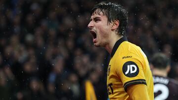 Wolverhampton Wanderers' Spanish defender #03 Hugo Bueno reacts during the English Premier League football match between Wolverhampton Wanderers and Aston Villa at the Molineux stadium in Wolverhampton, central England on February 27, 2026. (Photo by Darren Staples / AFP) / RESTRICTED TO EDITORIAL USE. No use with unauthorized audio, video, data, fixture lists, club/league logos or 'live' services. Online in-match use limited to 120 images. An additional 40 images may be used in extra time. No video emulation. Social media in-match use limited to 120 images. An additional 40 images may be used in extra time. No use in betting publications, games or single club/league/player publications. /