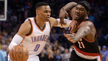 Mar 7, 2017; Oklahoma City, OK, USA; Oklahoma City Thunder guard Russell Westbrook (0) drives to the basket in front of Portland Trail Blazers forward Noah Vonleh (21) during the first quarter at Chesapeake Energy Arena. Mandatory Credit: Mark D. Smith-USA TODAY Sports