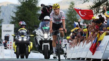 Cycling - Tour de France - Stage 20 - Nice to Col de la Couillole - Col de la Couillole, France - July 20, 2024 UAE Team Emirates' Joao Almeida reacts after stage 20 REUTERS/Manon Cruz