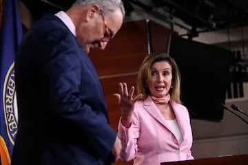 Nancy Pelosi, joined by Senate Minority Leader Chuck Schumer, speaks about efforts to pass new coronavirus aid legislation.