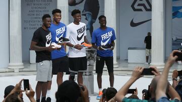 Milwaukee Bucks forward and NBA's MVP Giannis Antetokounmpo poses with his brothers Thanasis, Kostas, Alex, during an official presentation event of a Nike Shoe, in Athens, Greece June 28, 2019.