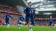 Chelsea's German midfielder Kai Havertz (C) celebrates after scoring his team first goal that will be disallowed for an offside position during the English Premier League football match between Liverpool and Chelsea at Anfield in Liverpool, north west England on January 21, 2023. (Photo by Paul ELLIS / AFP) / RESTRICTED TO EDITORIAL USE. No use with unauthorized audio, video, data, fixture lists, club/league logos or 'live' services. Online in-match use limited to 120 images. An additional 40 images may be used in extra time. No video emulation. Social media in-match use limited to 120 images. An additional 40 images may be used in extra time. No use in betting publications, games or single club/league/player publications. / 