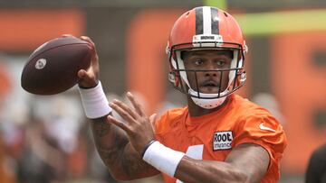 FILE PHOTO: Jul 28, 2022; Berea, OH, USA; Cleveland Browns quarterback Deshaun Watson (4) throws a pass during training camp at CrossCountry Mortgage Campus. Mandatory Credit: Ken Blaze-USA TODAY Sports/File Photo