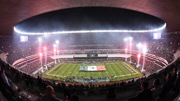 Nov 21, 2016; Mexico City, MEX; General overall view of a Mexican flag on the field and fireworks during the playing of the Mexico national anthem before a NFL International Series game between the Houston Texans and the Oakland Raiders at Estadio Azteca. Mandatory Credit: Kirby Lee-USA TODAY Sports