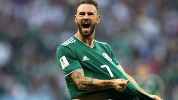 MOSCOW, RUSSIA - JUNE 17:  Miguel Layun of Mexico reacts during the 2018 FIFA World Cup Russia group F match between Germany and Mexico at Luzhniki Stadium on June 17, 2018 in Moscow, Russia.  (Photo by Clive Rose/Getty Images)