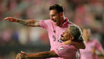 Jul 21, 2023; Fort Lauderdale, FL, USA; Inter Miami CF forward Lionel Messi (10) celebrates with forward Josef Martinez (17) after scoring a goal against Cruz Azul during the second half at DRV PNK Stadium. Mandatory Credit: Sam Navarro-USA TODAY Sports