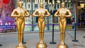 HOLLYWOOD, CA - APRIL 19: General view of Oscar-like statues on Hollywood Blvd near the Dolby Theatre at Hollywood &amp; Highland on April 19, 2021 in Hollywood, California.  (Photo by AaronP/Bauer-Griffin/GC Images)