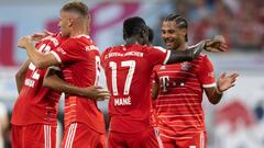 30 July 2022, Saxony, Leipzig: Soccer: DFL Supercup, RB Leipzig - Bayern Munich, Red Bull Arena. Bayern's Sadio Mane (2nd from right) celebrates his goal to make it 0:2 with Serge Gnabry (r). Photo: Hendrik Schmidt/dpa - IMPORTANT NOTE: In accordance with the requirements of the DFL Deutsche Fußball Liga and the DFB Deutscher Fußball-Bund, it is prohibited to use or have used photographs taken in the stadium and/or of the match in the form of sequence pictures and/or video-like photo series. (Photo by Hendrik Schmidt/picture alliance via Getty Images)