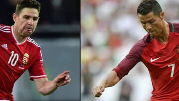 Hungary&#039;s midfielder Zoltan Gera and Portugal&#039;s forward Cristiano Ronaldo. Hungary will face Portugal in Euro 2016 group F.