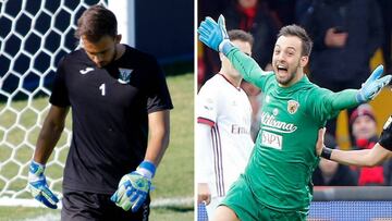 Alberto Brignoli, en un entrenamiento con el Leganés y celebrando su gol al Milán que dio el primer punto al Benevento en la Serie A.