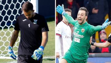 Alberto Brignoli, en un entrenamiento con el Legan&eacute;s y celebrando su gol al Mil&aacute;n que dio el primer punto al Benevento en la Serie A.