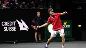 LONDON, ENGLAND - SEPTEMBER 22: Diego Schwartzman of Team World plays a forehand shot during a practice session on centre court ahead of the Laver Cup at The O2 Arena on September 22, 2022 in London, England. (Photo by Cameron Smith/Getty Images for Laver Cup)