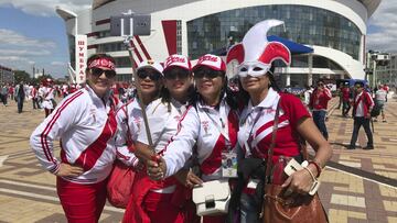 Peru supporter make a selfie in the city center prior the group C match between Peru and Denmark at the 2018 soccer World Cup in the city center in Saransk, Russia, Saturday, June 16, 2018. (AP Photo/Martin Meissner)