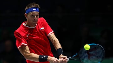 MADRID, SPAIN - NOVEMBER 19: Nicolas Jarry of Chile plays a forehand during Day 2 of the 2019 Davis Cup at La Caja Magica on November 19, 2019 in Madrid, Spain. (Photo by Clive Brunskill/Getty Images)