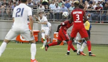 Real's Mateo Kovacic fires a shot against the post.