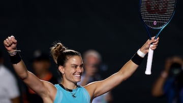 Greece's Maria Sakkari celebrates after defeating France's Caroline Garcia in two sets in their women's semifinal singles tennis match of the WTA Guadalajara Open in Zapopan, Mexico, on September 22, 2023. (Photo by ULISES RUIZ / AFP)