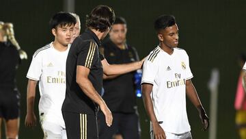 Raúl, con Kubo y Rodrygo en su estreno con el Castilla.
