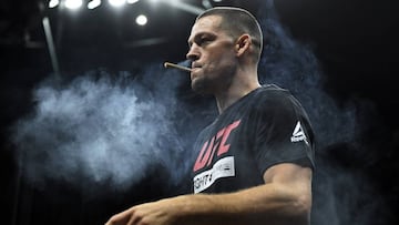 ANAHEIM, CA - AUGUST 14: Former UFC lightweight title challenger Nate Diaz smokes during an open workout for fans and media at Honda Center on August 14, 2019 in Anaheim, California. (Photo by Kevork Djansezian/Zuffa LLC/Zuffa LLC) *** BESTPIX ***