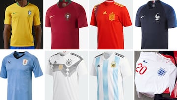 Camisetas de Brasil, Portugal, Espa&ntilde;a, Francia, Uruguay, Alemania, Argentina e Inglaterra para el Mundial 2018.