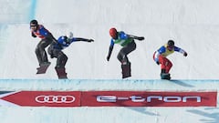 Italy's Kalle Koblet, Austria's Lukas Pachner, Spain's Lucas Eguibar and Mick Dierdorff of the US compete in the men's snowboard cross during the FIS Snowboard Cross World Cup 2022, part of a 2022 Beijing Winter Olympic Games test event at the Genting Sno