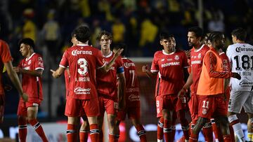 Antonio Briseno, Marcel Ruiz, Robert Morales, Luan Garcia of Toluca during the final first leg match between America and Toluca as part of the Liga BBVA MX, Torneo Clausura 2025 at Ciudad de los Deportes Stadium on May 22, 2025 in Mexico City, Mexico.
