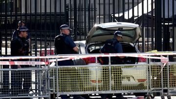 Police officers work at the site where a car crashed into the front gates of Downing Street in London, Britain, May 25, 2023. REUTERS/Henry Nicholls