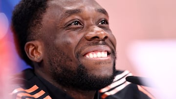 MUNICH (Germany), 04/03/2025.- Alphonso Davies of Bayern attends a press conference in Munich, Germany, 04 March 2025. Bayern Munich will face Bayer Levekusen in their first leg match of the UEFA Champions League round of 16 on 05 March. (Liga de Campeones, Alemania) EFE/EPA/ANNA SZILAGYI