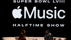 Super Bowl LVIII halftime performer Usher is interviewed by Apple Music’s Nadeska Alexis ahead of the the NFL’s championship game in Las Vegas, Nevada,