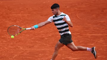 Tennis - French Open - Roland Garros, Paris, France - June 1, 2025 Spain's Carlos Alcaraz in action during his fourth round match against Ben Shelton of the U.S. REUTERS/Denis Balibouse