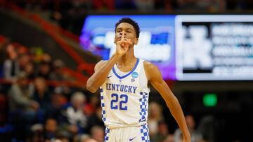 BOISE, ID - MARCH 17: Shai Gilgeous-Alexander #22 of the Kentucky Wildcats gestures during the first half against the Buffalo Bulls in the second round of the 2018 NCAA Men&#039;s Basketball Tournament at Taco Bell Arena on March 17, 2018 in Boise, Idaho.   Kevin C. Cox/Getty Images/AFP
 == FOR NEWSPAPERS, INTERNET, TELCOS &amp; TELEVISION USE ONLY ==