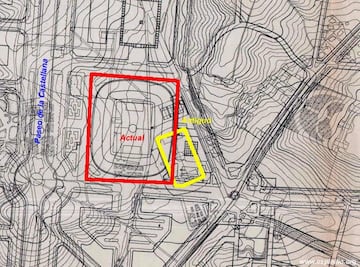 Dada la afluencia de público, el Real Madrid con Santiago Bernabéu al frente, decidió construir un estadio más grande. El actual templo blanco (recuadro rojo) se construyó sobre una parte del estadio de Chamartín (recuadro amarillo).