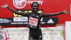 Kenya&#039;s Mary Keitany crosses the line in the 2017 London marathon. 