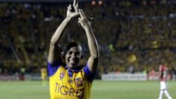 Egidio Arevalo festeja su gol con la afici&oacute;n de Tigres.