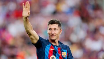 BARCELONA, SPAIN - AUGUST 7: Robert Lewandowski of FC Barcelona  during the Club Friendly   match between FC Barcelona v Pumas at the Spotify Camp Nou on August 7, 2022 in Barcelona Spain (Photo by David S. Bustamante/Soccrates/Getty Images)