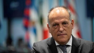 (FILES) This file photograph taken on October 21, 2020, shows the president of Spanish Liga Javier Tebas is pictured during an AFP interview in Madrid on October 21, 2020. - Spain's top football division, La Liga, took out a court injunction against the beIN Media Group on October 10, 2022, to freeze 50 million euros (48,5 million dollars) of their assets after non-payment for television rights, and a Spanish court placed a temporary hold on the figure pending a full hearing on the case, according to court documents seen by AFP. (Photo by PIERRE-PHILIPPE MARCOU / AFP)