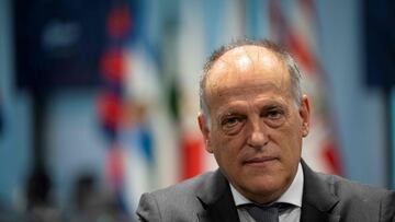(FILES) This file photograph taken on October 21, 2020, shows the president of Spanish Liga Javier Tebas is pictured during an AFP interview in Madrid on October 21, 2020. - Spain's top football division, La Liga, took out a court injunction against the beIN Media Group on October 10, 2022, to freeze 50 million euros (48,5 million dollars) of their assets after non-payment for television rights, and a Spanish court placed a temporary hold on the figure pending a full hearing on the case, according to court documents seen by AFP. (Photo by PIERRE-PHILIPPE MARCOU / AFP)