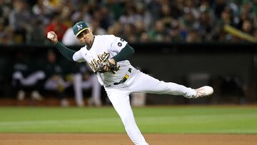 OAKLAND, CALIFORNIA - SEPTEMBER 01: Aledmys Diaz #12 of the Oakland Athletics throws out Kyren Paris #19 of the Los Angeles Angels in the seventh inning at RingCentral Coliseum on September 01, 2023 in Oakland, California.   Ezra Shaw/Getty Images/AFP (Photo by EZRA SHAW / GETTY IMAGES NORTH AMERICA / Getty Images via AFP)