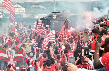 Athletic Club fans gather to wave the team bus off from Bilbao as it travels down to Seville for the Copa del Rey final.