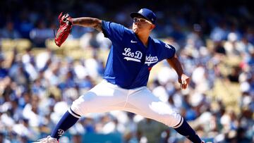 LOS ANGELES, CALIFORNIA - AUGUST 13: Julio Urias #7 of the Los Angeles Dodgers throws against the Colorado Rockies in the fourth inning at Dodger Stadium on August 13, 2023 in Los Angeles, California.   Ronald Martinez/Getty Images/AFP (Photo by RONALD MARTINEZ / GETTY IMAGES NORTH AMERICA / Getty Images via AFP)